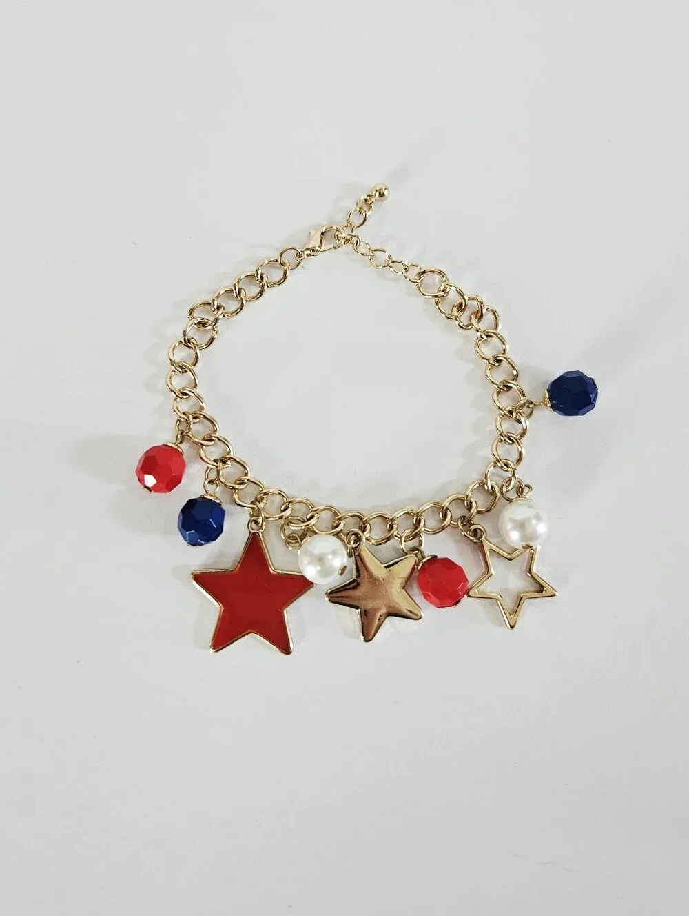 American USA Patriotic Stars Enamel Beaded Gold Tone Chain Chunky Charm Bracelet